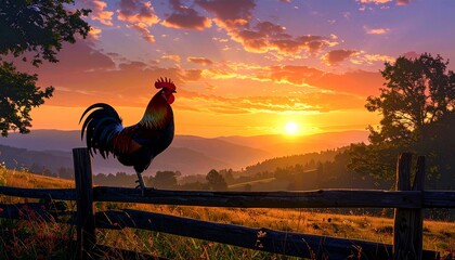 A proud rooster perches on a rustic fence, silhouetted by a vibrant sunrise. Golden light spreads over the tranquil countryside, signaling the beautiful dawn of a new day