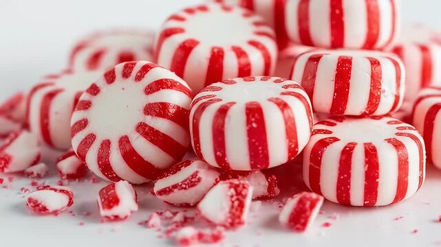 A close-up view of a pile of round, red and white striped peppermint candies