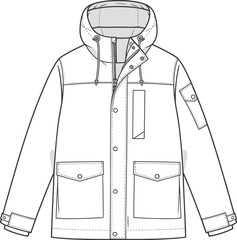 Front view of a white hooded jacket with multiple pockets and snap button closure outerwear apparel © SUMAIA