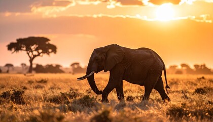 Naklejka premium A majestic solitary elephant silhouetted against a golden sunset, walking across the African savanna