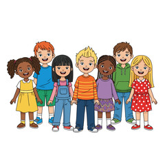Cute Cartoon Illustration Group of Diverse Children Standing Together Full Body