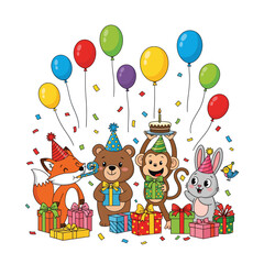 Cartoon Handdrawn Birthday Party with Cute Animals Cake Balloons Confetti