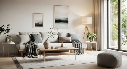 Fototapeta premium This ai generated image shows a beautifully decorated, cozy living room with a modern minimalist style.