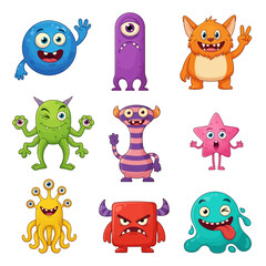 Colorful Cartoon Monster Collection Illustration with Various Shapes and Expressions