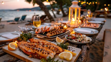 Fototapeta premium A healthy grilled salmon dinner with a side salad on a table