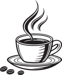 Coffee Cup Vector Illustration – Hot Drink with Steam, Coffee Beans and Saucer – Black and White Line Art Design