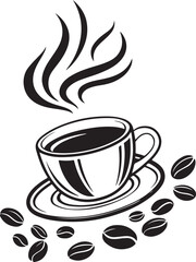 Coffee Cup Vector Illustration – Hot Drink with Steam, Coffee Beans and Saucer – Black and White Line Art Design