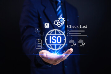 Businessman holding ISO certification icon with AI technology, checklist, and quality assurance concept for international standards, compliance, digital audit, and business excellence.