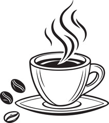 Coffee Cup Vector Illustration – Hot Drink with Steam, Coffee Beans and Saucer – Black and White Line Art Design