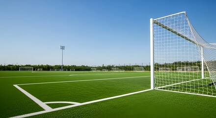 Pristine green football field with a white goal and corner markings, ready for a match on a beautiful sunny day