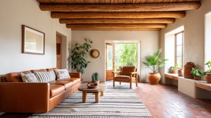 Southwestern living room with terracotta floors and Navajo textiles