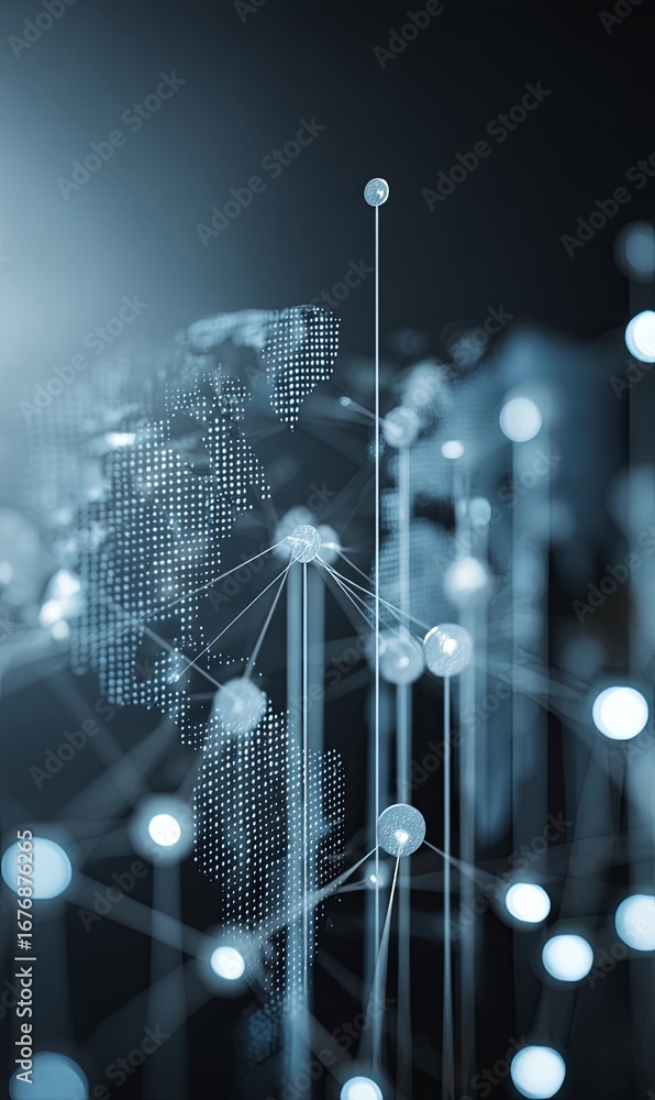 Poster digital network connections across a global map in futuristic style