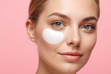 Woman with eye patches for skincare treatment on pastel background.