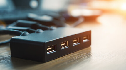 Sleek USB hub with multiple ports connected to various devices, showcasing modern design and functionality in a tech-focused setup.
