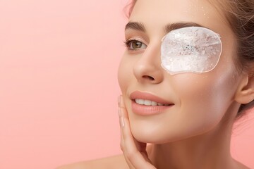 Woman with eye patches for skincare treatment on pastel background.