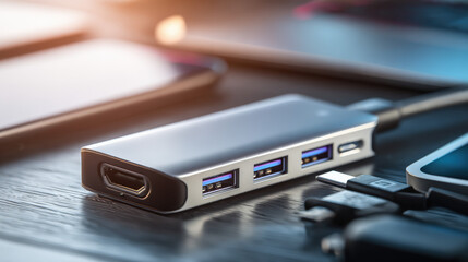 Sleek USB hub with multiple ports connected to various devices, showcasing modern design and functionality in a tech-focused setup.