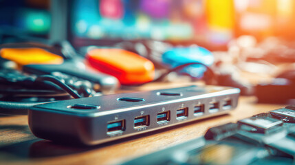 Sleek USB hub with multiple ports connected to various devices, showcasing modern design and functionality in a tech-focused setup.