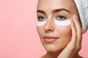 Woman with eye patches for skincare treatment on pastel background.