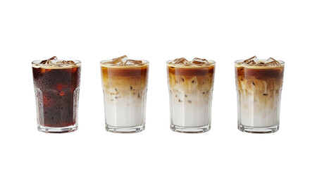 Studio shot against a white background of four different iced coffee drinks in short glasses with ice. From left to right: black iced coffee, iced latte, iced latte macchiato, and iced cappuccino