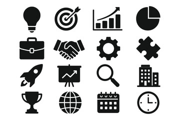 Business Concept Solid Black Silhouette Icon Set Collection on White Background