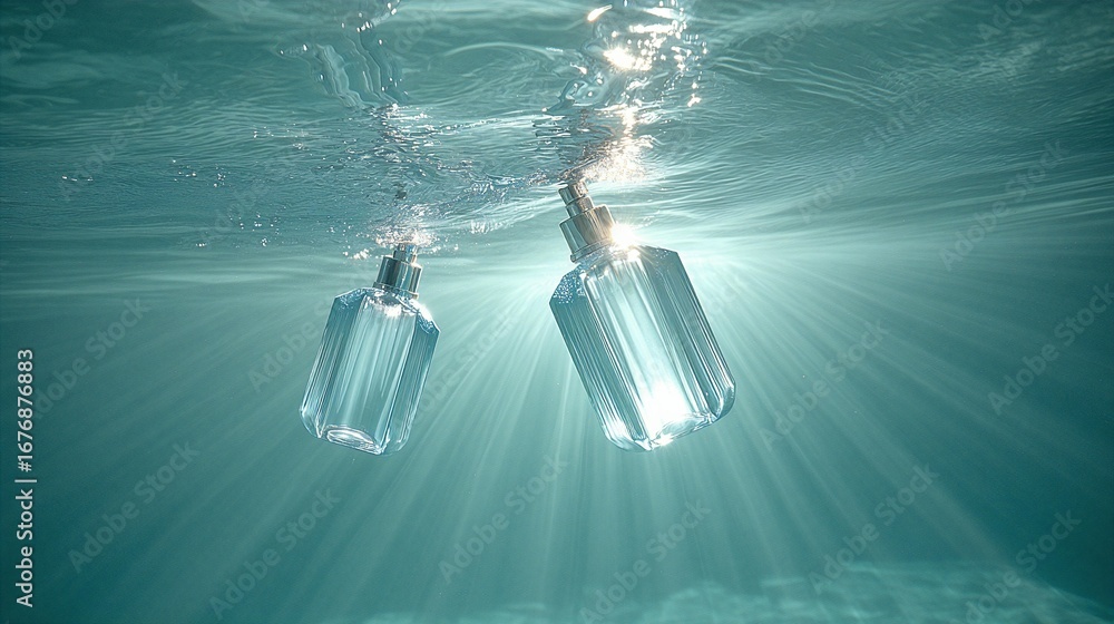 Poster two transparent bottles floating upside down in water, surrounded by rays of light