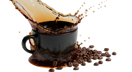 Close-up shot of dark roasted coffee splashing dramatically into a black coffee mug. Coffee beans are scattered around the base of the mug, adding to the rich, aromatic feel of the image