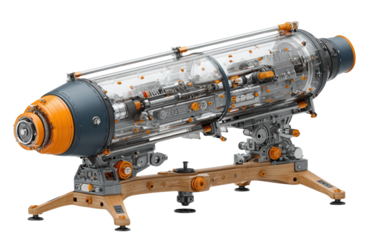 Intricate mechanical device with transparent casing revealing complex internal gears system on transparent background