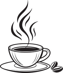 Coffee Cup Vector Illustration – Hot Drink with Steam, Coffee Beans and Saucer – Black and White Line Art Design