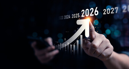 Business growing in 2026. Analytical businessman planning business growth 2026, strategy digital marketing, profit income, economy, stock market trends and business success objectives