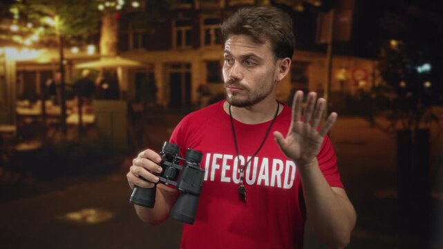 Lifeguard man wearing red shirt and whistle holding binoculars and finger to lips while looking alert on a city street at night; duty vigilance.