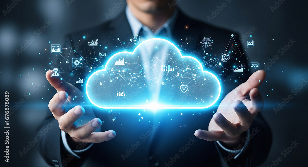 Poster man in suit holding glowing cloud with connected icons representing cloud computing technology