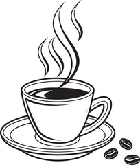 Coffee Cup Vector Illustration – Hot Drink with Steam, Coffee Beans and Saucer – Black and White Line Art Design