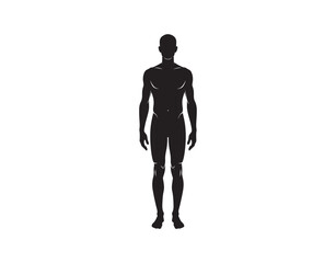 A silhouette of a man is depicted standing. It is a solid black representation of the human form. The figure showcases a slim male physique from a frontal perspective.