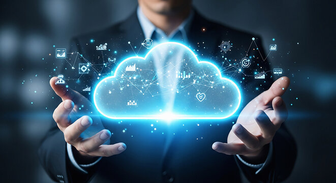 Man in suit holding glowing cloud with connected icons representing cloud computing technology