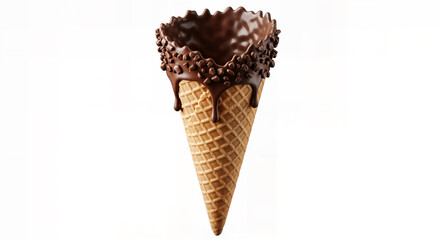 Gourmet chocolate dipped waffle cone with melting chocolate drip and sprinkles. Delicious empty ice cream cone for dessert, sweet treat food, an isolated chocolate dipped waffle cone.