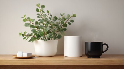 Fototapeta premium A white potted plant with lush green leaves sits on a wooden shelf next to a plain white cylinder and a black mug filled with coffee. Two sugar cubes are placed near the plant.