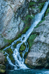 Close-up view of Savica waterfall in rocky canyon
