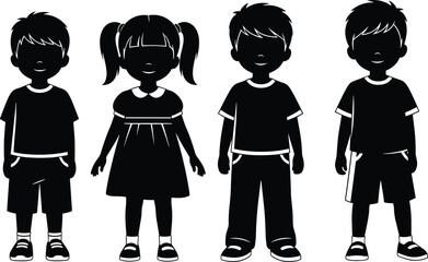 Cartoon silhouette children standing side by side in black and white vector style, perfect for school, education, and family themes