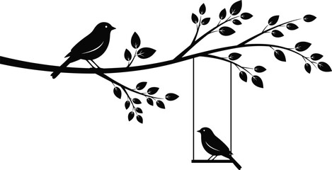 Silhouette of birds on tree branch with swing, peaceful nature scene, whimsical moment, black and white vector illustration art