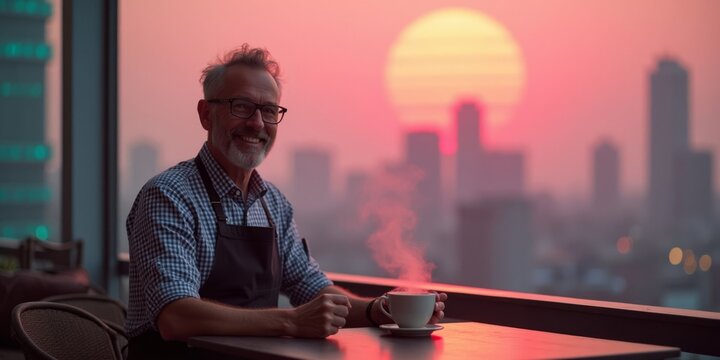 Middle-aged barista serving coffee on rooftop with retro-futuristic neon city skyline