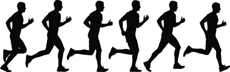 Silhouette sequence of person running in six dynamic poses showing motion phases for sports, animation, biomechanics, and design use