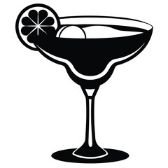 Black Silhouette of Margarita Glass with Citrus Slice and Sphere Inside, Cocktail Illustration