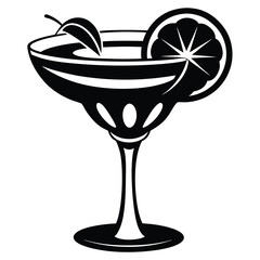 Black and White Illustration of a Margarita Cocktail with Lemon and Leaf Garnishes