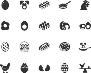 Vector set of egg flat icons. Contains icons boiled egg, omelet, yolk, chicken, eggshell, scrambled egg, easter egg, quail egg and more. Pixel perfect.