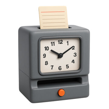 A grey employee time clock with an analog display and an orange button, showing a time card inserted for recording work hours.