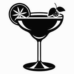 Black and White Cocktail Icon with Lemon Slice and Berry Garnish Illustration