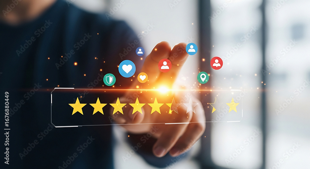 Poster a hand touching a digital interface displaying five star rating and social media icons hovering abov
