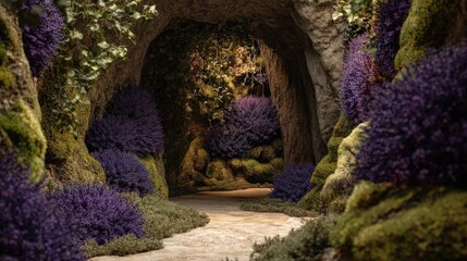 Naklejka premium Living wall in a sacred cave translating rainfall into emotional poetry, petrichor stone and soaked lavender, eco-literature 