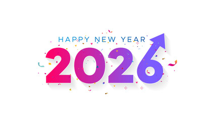 Happy new year 2026. Typo Logo design with resolution, growth arrow, target and confetti.