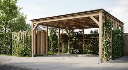 Wooden Carport with Climbing Plants and Fence.